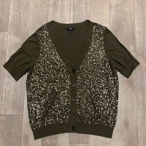 Womens Talbots Sequin Ribbed Sleeve Cardigan V-Neck‎ Shortsleeve Sweater